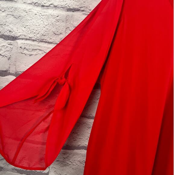 Susan Graver Women's 1X Red Sheer Sleeve Tie Detail V-Neck Tunic Elegant Blouse - Picture 4 of 13